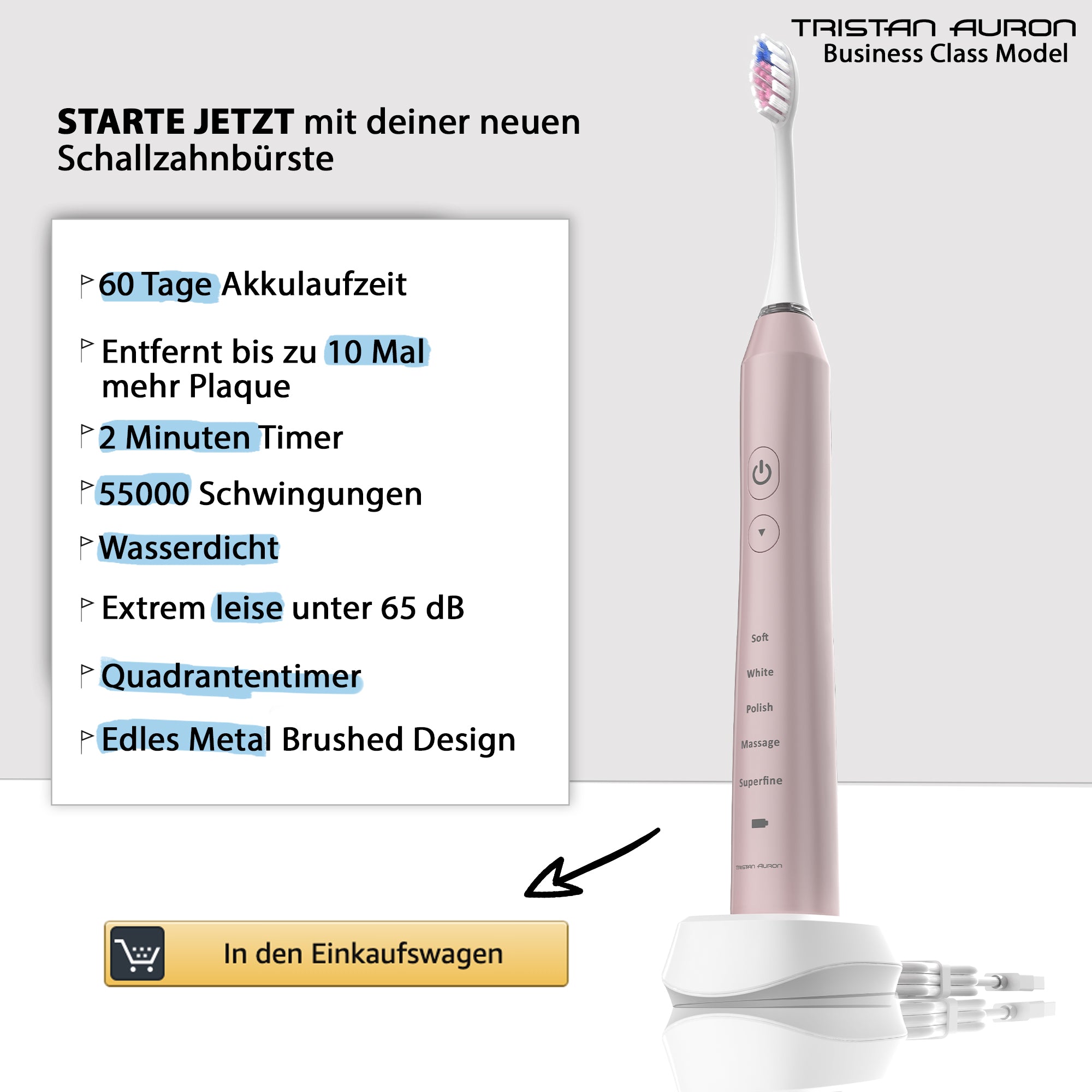 Technische Daten: 55.000 Vibrationen pro Minute, 60 Tage Akku