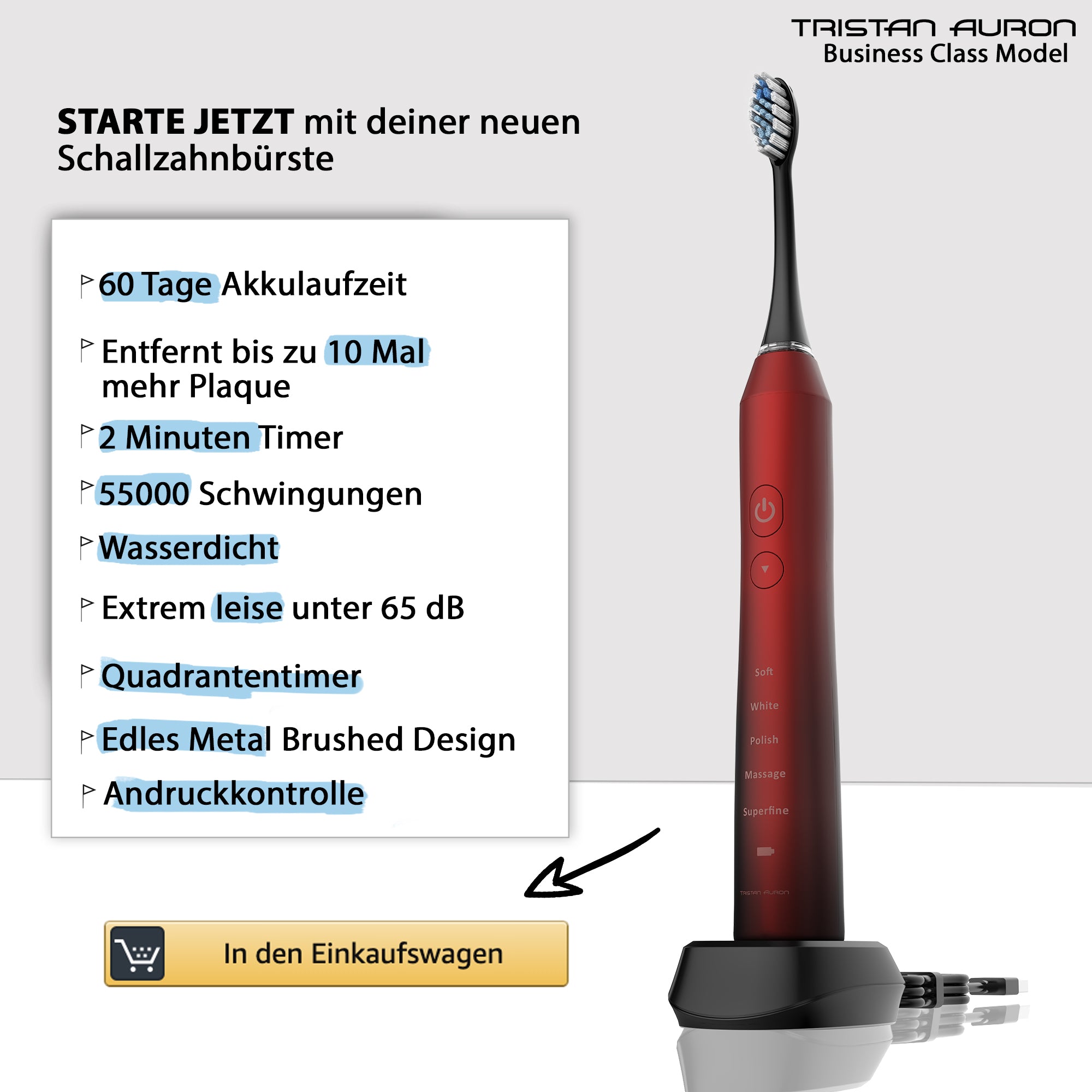 Technische Daten: 55.000 Vibrationen pro Minute, 60 Tage Akku